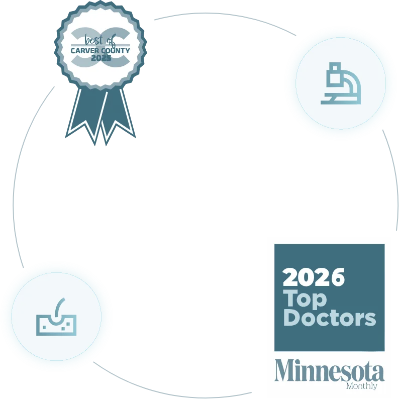 Best of Carver County and Minnesota Monthly Top Doctors award badges