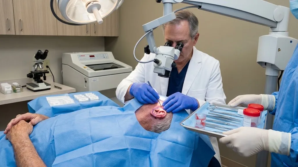 Mohs surgeon using a surgical microscope to remove basal cell carcinoma from a patient's ear while an assistant holds the instrument tray