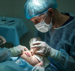 A woman undergoing facial surgery in a clinic setting.
