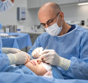 A dermatologic surgeon performing Mohs surgery on a patient's face in a clinic operating room.